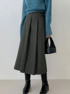 COMMENSE Tweed Pleated Button Midi Skirt* Skirts|Bottoms