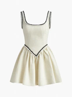 COMMENSE Tweed Pleated Strappy Dress* White Dresses|Casual Dresses