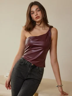 COMMENSE Twist-Strap Faux Leather Tank Top* Tank Tops & Camis|Tops