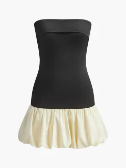 COMMENSE Two Tone Bud Waist Tube Dress* Black Dresses|Casual Dresses