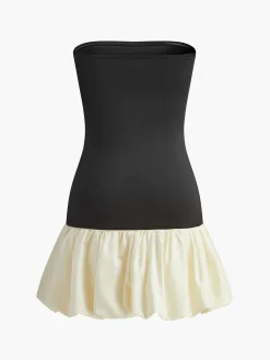 COMMENSE Two Tone Bud Waist Tube Dress* Black Dresses|Casual Dresses