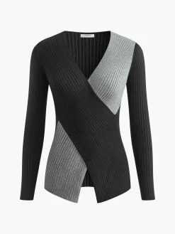 COMMENSE Two Tone Criss Cross Slim Knit Top* Sweater Tops|Sweaters & Cardigans