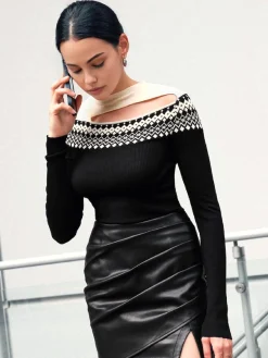 COMMENSE Two Tone Cutout Slim Sweater* Sweater Tops|Sweaters & Cardigans