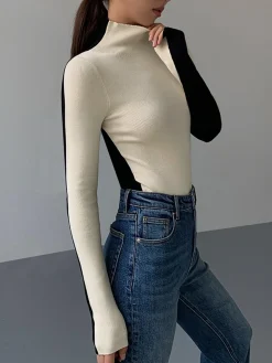 COMMENSE Two Tone Double Sided Long Sleeve Knit Top* Sweater Tops|Sweaters & Cardigans