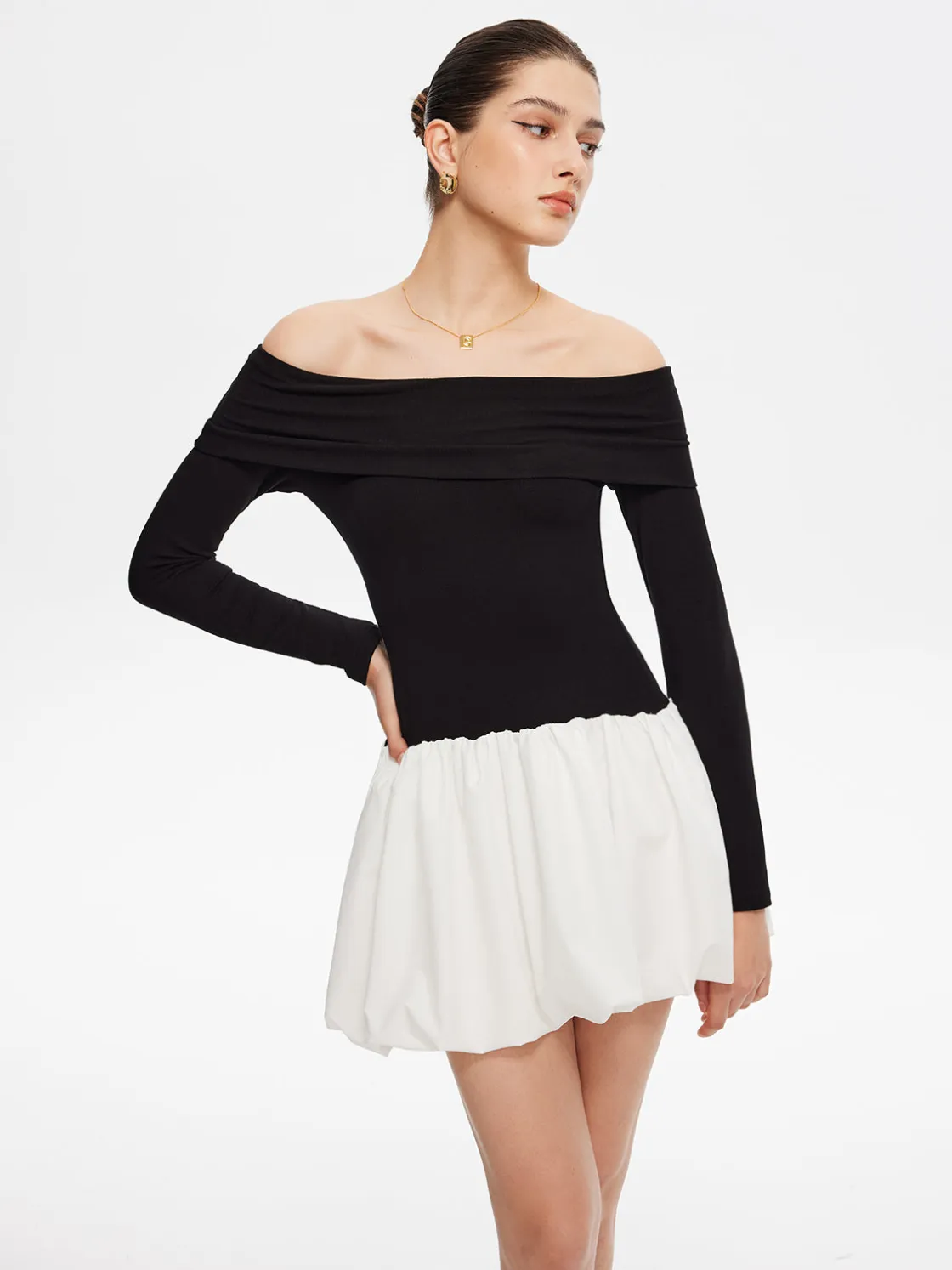 COMMENSE Two Tone Off Shoulder Bubble Short Dress* White Dresses|Casual Dresses