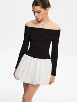 COMMENSE Two Tone Off Shoulder Bubble Short Dress* White Dresses|Casual Dresses