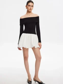COMMENSE Two Tone Off Shoulder Bubble Short Dress* White Dresses|Casual Dresses