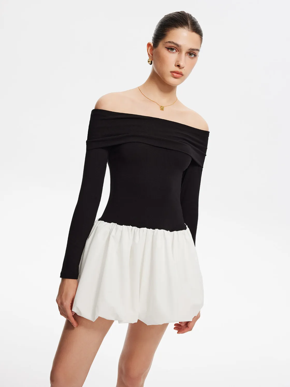 COMMENSE Two Tone Off Shoulder Bubble Short Dress* White Dresses|Casual Dresses