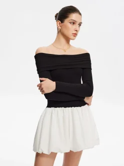 COMMENSE Two Tone Off Shoulder Bubble Short Dress* White Dresses|Casual Dresses