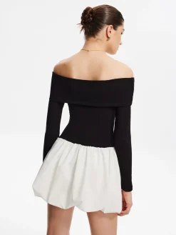 COMMENSE Two Tone Off Shoulder Bubble Short Dress* White Dresses|Casual Dresses