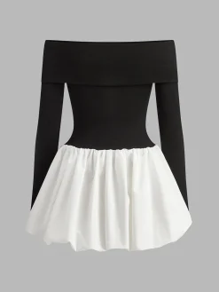 COMMENSE Two Tone Off Shoulder Bubble Short Dress* White Dresses|Casual Dresses