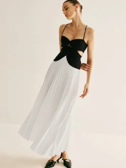 COMMENSE Two Tone Panel Cutout Pleated Dress* White Dresses|Casual Dresses