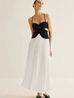 COMMENSE Two Tone Panel Cutout Pleated Dress* White Dresses|Casual Dresses