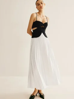 COMMENSE Two Tone Panel Cutout Pleated Dress* White Dresses|Casual Dresses