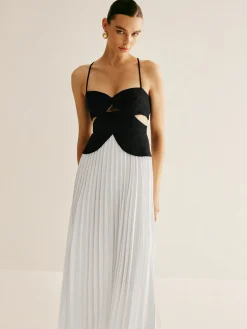 COMMENSE Two Tone Panel Cutout Pleated Dress* White Dresses|Casual Dresses