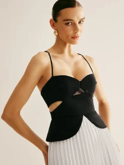 COMMENSE Two Tone Panel Cutout Pleated Dress* White Dresses|Casual Dresses