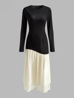 COMMENSE Two Tone Panel Pleated Dress* Black Dresses|Casual Dresses