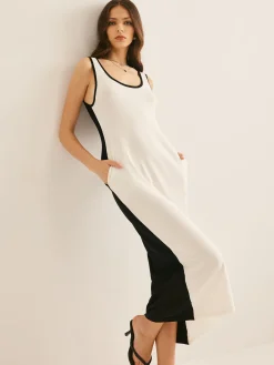 COMMENSE Two Tone Panel Pockets Tank Dress* White Dresses|Casual Dresses