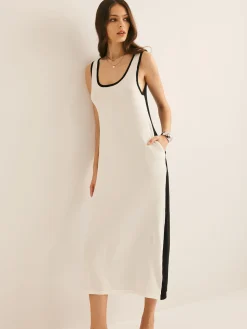 COMMENSE Two Tone Panel Pockets Tank Dress* White Dresses|Casual Dresses