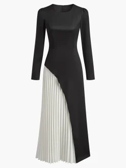 COMMENSE Two Tone Pleated Drawstring Dress* Black Dresses|Work Dresses