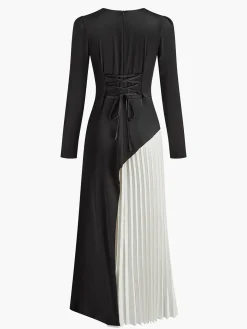 COMMENSE Two Tone Pleated Drawstring Dress* Black Dresses|Work Dresses