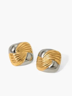 COMMENSE Two Tone Ripple Square Earrings* Earrings|Accessories
