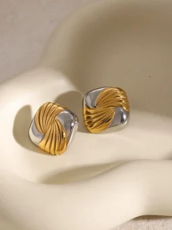 COMMENSE Two Tone Ripple Square Earrings* Earrings|Accessories