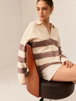 COMMENSE Two Tone Striped Polo Sweater* Sweater Tops|Sweaters & Cardigans