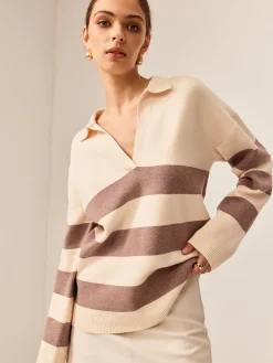 COMMENSE Two Tone Striped Polo Sweater* Sweater Tops|Sweaters & Cardigans