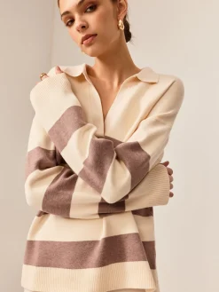 COMMENSE Two Tone Striped Polo Sweater* Sweater Tops|Sweaters & Cardigans