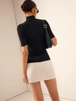 COMMENSE Two Tone Turtleneck Slim Short Dress* White Dresses|Casual Dresses