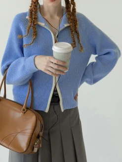 COMMENSE Two Way Zip Contrast Trim Cardigan* Cardigans|Sweaters & Cardigans