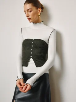 COMMENSE Two-Piece Lettuce Trim Knit Top With Slit Vest* Vests|Knitwear