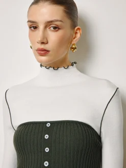COMMENSE Two-Piece Lettuce Trim Knit Top With Slit Vest* Vests|Knitwear