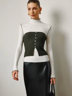 COMMENSE Two-Piece Lettuce Trim Knit Top With Slit Vest* Vests|Knitwear