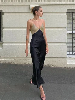 COMMENSE Two-Tone Cami Long Dress* Black Dresses|Cocktail & Party Dresses