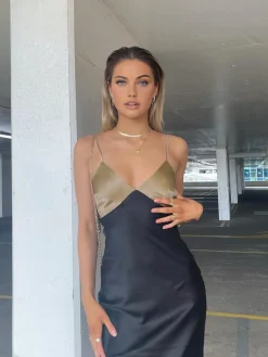 COMMENSE Two-Tone Cami Long Dress* Black Dresses|Cocktail & Party Dresses