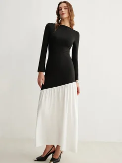 COMMENSE Two-Tone Chiffon Panel Jersey Pleated Dress* Black Dresses|Cocktail & Party Dresses
