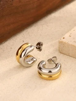 COMMENSE Two-Tone C-Shape Stud Hoop Earrings* Earrings|Accessories