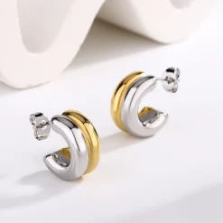 COMMENSE Two-Tone C-Shape Stud Hoop Earrings* Earrings|Accessories