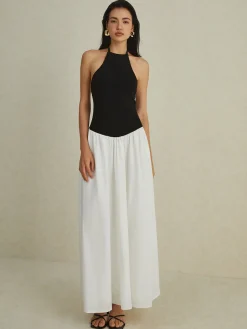 COMMENSE Two-Tone Halter Long Dress* White Dresses|Casual Dresses