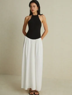 COMMENSE Two-Tone Halter Long Dress* White Dresses|Casual Dresses