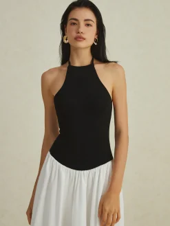 COMMENSE Two-Tone Halter Long Dress* White Dresses|Casual Dresses