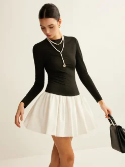 COMMENSE Two-Tone Panel Slim Dress* Black Dresses|Casual Dresses