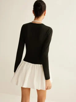 COMMENSE Two-Tone Panel Slim Dress* Black Dresses|Casual Dresses