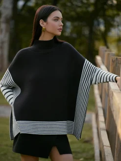 COMMENSE Two-Tone Pinstripe Split Knit Top* Knitwear|Tops