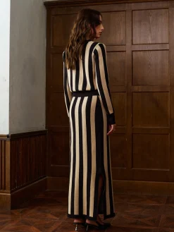 COMMENSE Two-Tone Pinstripe V-Neck Button Sweater Skirt Set* Knitwear|Matching Sets