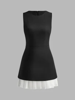 COMMENSE Two-Tone Sleeveless Pleated Short Dress* Black Dresses|Casual Dresses