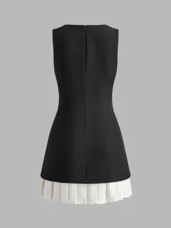 COMMENSE Two-Tone Sleeveless Pleated Short Dress* Black Dresses|Casual Dresses