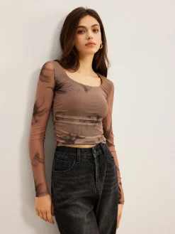 COMMENSE Tye Dye Floral Printed Mesh T-Shirt* T-shirts|Tops